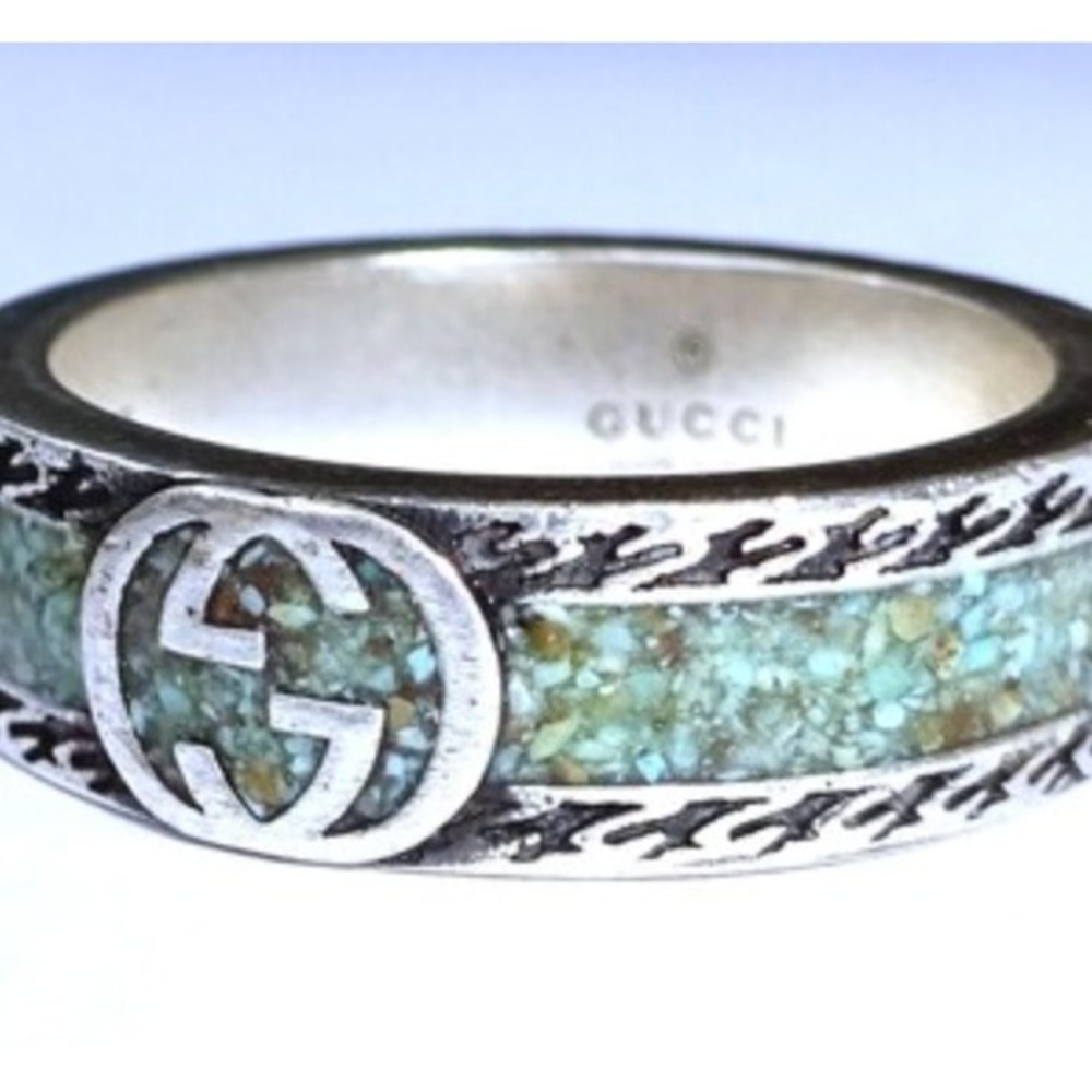Gucci Interlocking G Turquoise Resin Sterling Silver 925 Band Ring Size 17 8